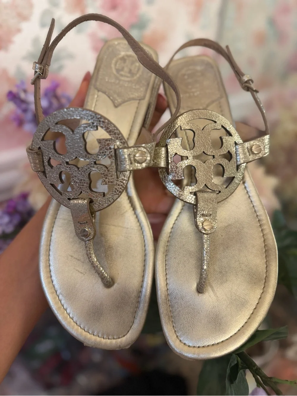 Tory Burch Metallic Gold Miller Logo Thong Sandals